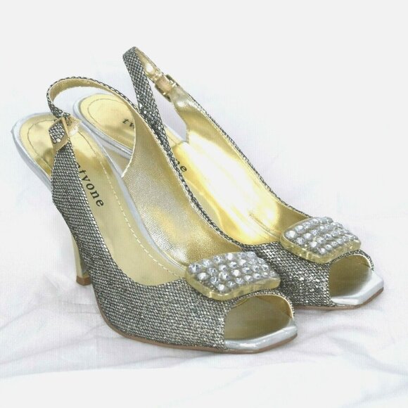 Twenty-One Womens 6 High Heels Slingback Gold Silver Rhinestones Peep Toe Shoes - Picture 3 of 11